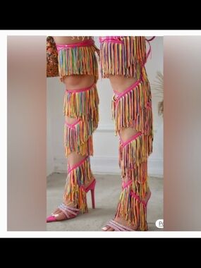 Cape Robbin Multicolor Fringe Wiggle Gladiator Heels with Multicolo Fringe